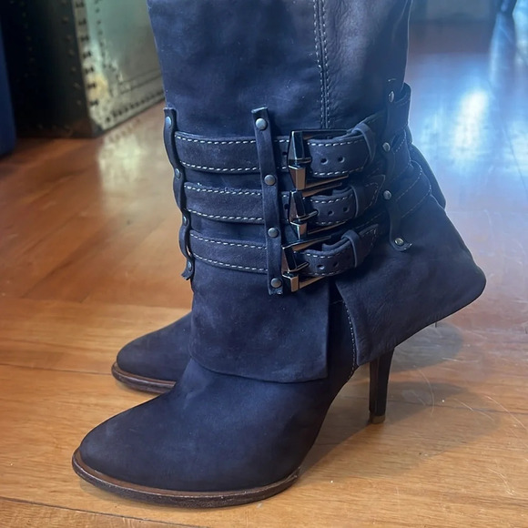 Schutz Dark Brown Leather Zip Up Buckled Heeled Boot Women’s 6B - Picture 2 of 8